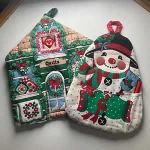 Vintage Christmas Potholders - quilted.  Winter theme. Set of 2